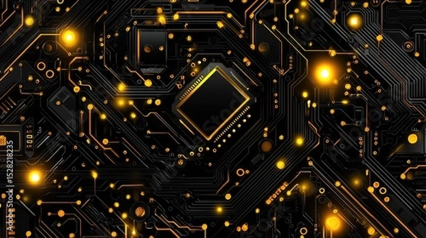 Obraz Detailed circuit board design with glowing orange lines.