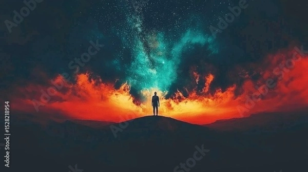 Obraz Solitary figure stands on a hilltop at sunset.