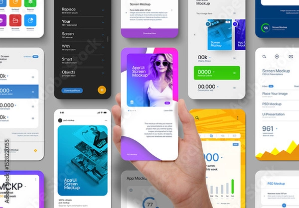 Fototapeta App UI Screen Mockup – Hand Holding (13 Isolated Objects)