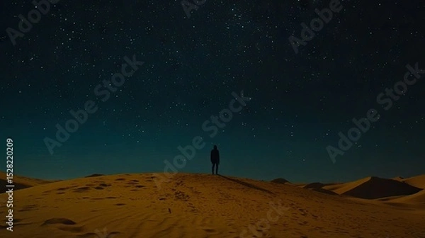 Obraz A lone figure stands amidst the desert sands under a starlit sky.