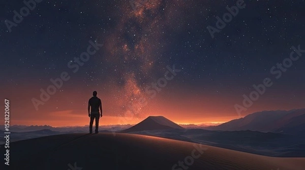 Obraz Silhouette of a person standing on a sand dune at sunset, gazing at the night sky filled with stars and the milky way.