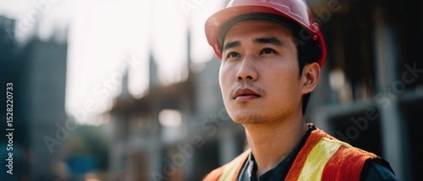 Obraz Asian Construction Worker Standing Amidst Scaffolding and Concrete Structure Site