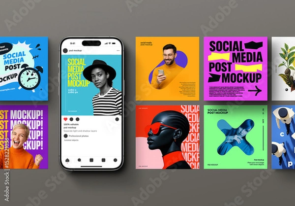 Fototapeta Social Media Post Mockup – 1080×1080 & iPhone 16 (9 Objects)