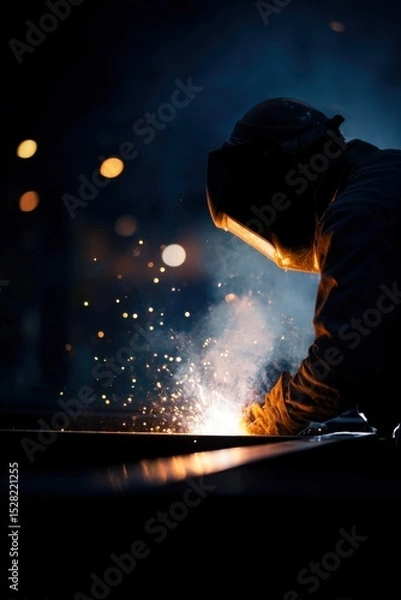 Obraz Asian Construction Worker Welding Steel Frame Sparks Flying