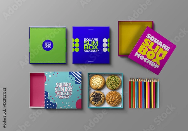 Fototapeta Square Box Mockup – Flat-Lay Packaging (4 Objects)