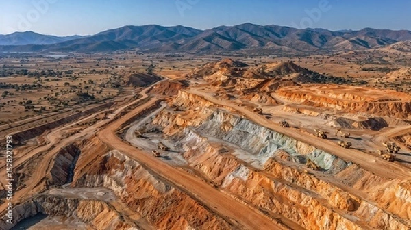 Obraz Tump trucks that transport minerals in an open well mine, highlighting the industrial impact on the environment