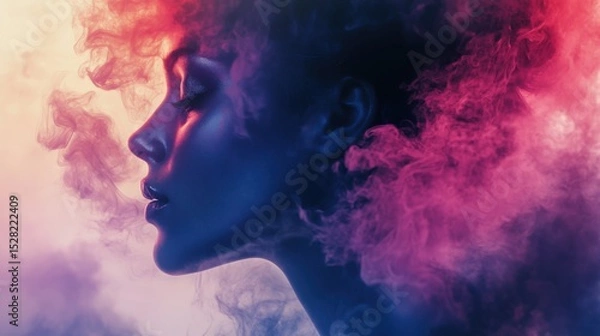 Fototapeta An artistic silhouette of a woman captured amid colorful smoke, expressing a strong emotional narrative through the interplay of light, shadow, and vivid hues in a captivating imagery.