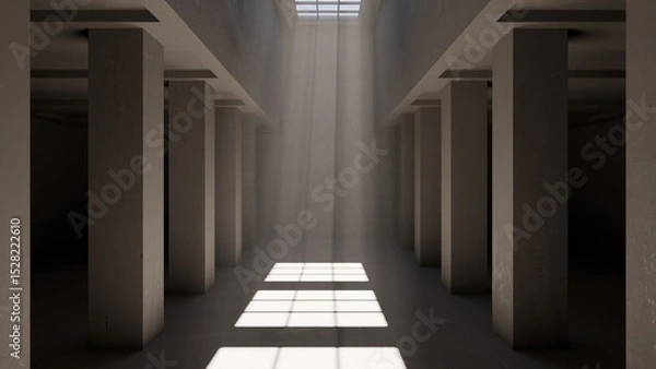 Fototapeta Sunbeams falling through skylight onto columns. 3d animation