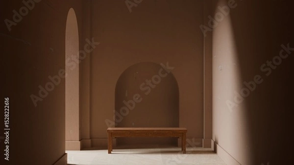 Fototapeta Wooden bench for product presentation in arched terracotta room. 3d render