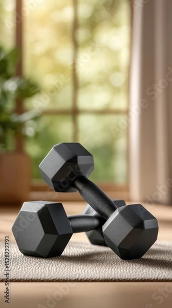 Fototapeta Matte black hexagonal dumbbells on surface