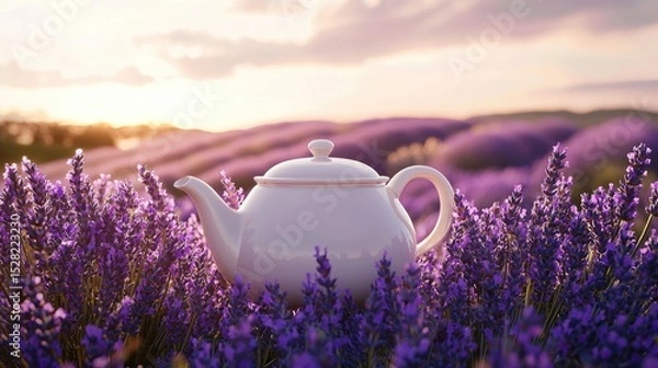 Obraz White teapot amidst a field of lavender at sunset.