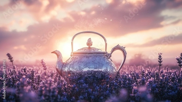 Obraz A vintage silver teapot rests in a lavender field at sunrise.