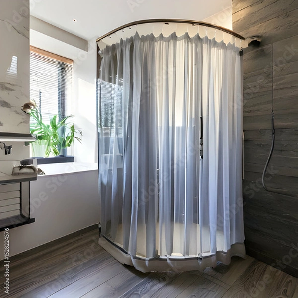 Fototapeta Modern Bathroom with Curved Glass Shower and Sheer White Curtain