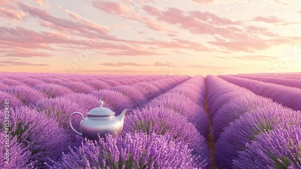 Obraz A silver teapot sits in a field of vibrant lavender at sunset.