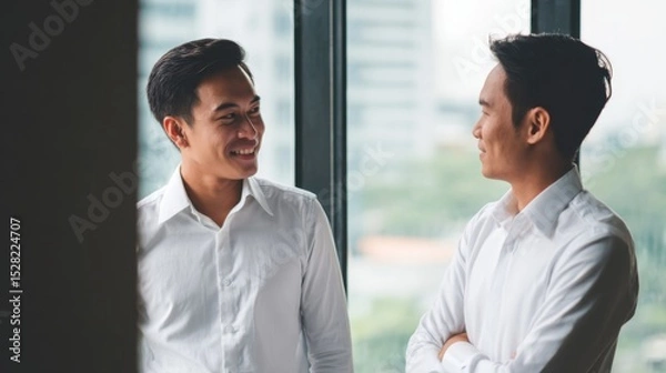 Obraz Two Asian Businessmen Smiling After Reaching Successful Office Agreement