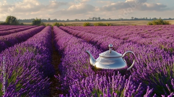 Obraz Shiny silver teapot amidst a vibrant lavender field.