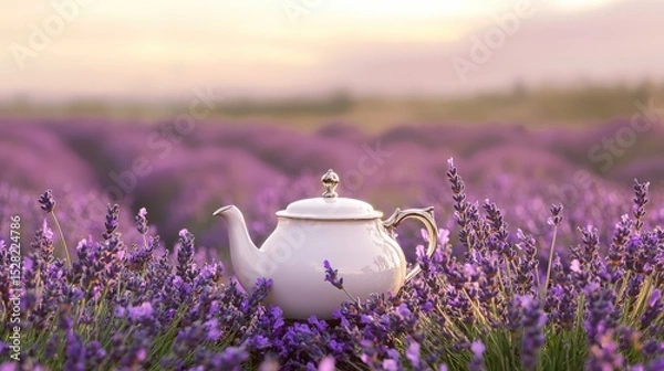 Obraz White teapot resting amidst a lavender field at sunrise.