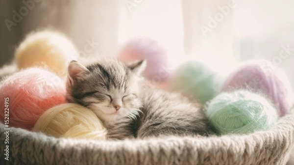 Obraz Fluffy Kitten Sleeping in Basket with Pastel Yarn and Sunlight
