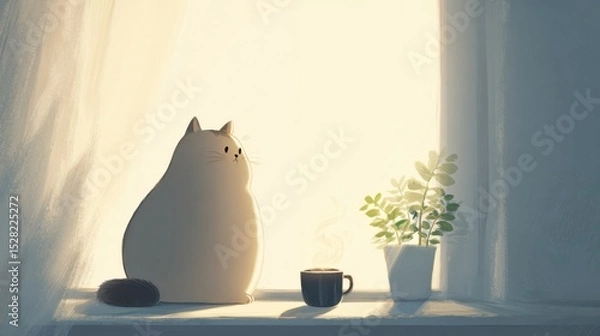 Obraz Chubby Cat Sitting by Tea and Plant on Sunny Windowsill