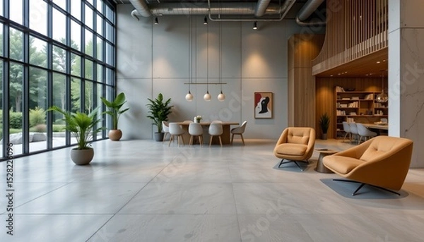 Fototapeta an interior space that appears to be a modern office or co working environment. it features a large, open floor plan with a clean, minimalist design