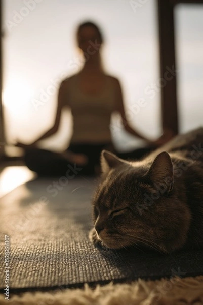 Obraz Calm Cat Resting Yoga Mat Next To Meditating Person Morning Light