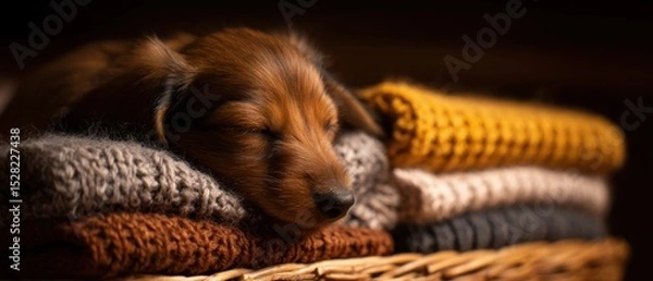 Obraz Dachshund Puppy Sleeping in Sweater Basket Under Warm Lamp