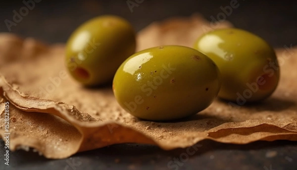 Fototapeta Green olives on textured brown paper with a rustic feel