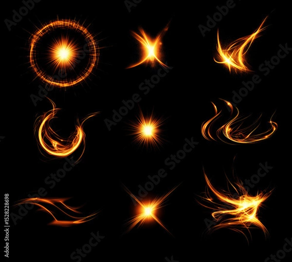 Fototapeta Set of abstract magical shapes in flame isolated on black.