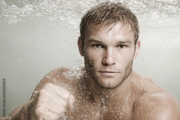 Fototapeta dynamic portrait of underwater fighter positioned to right showcasing determination on their face