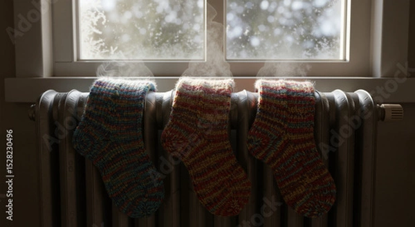 Fototapeta Warm socks drying on a radiator with steam in a cozy winter setting