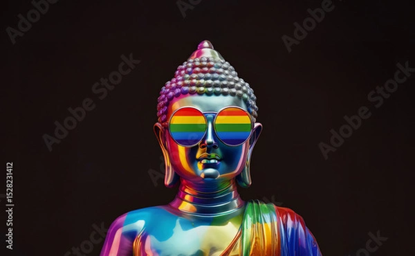 Obraz Mystical Buddha iridescent statue wear rainbow sunglasses image joyful rendered hyperrealism symbol LGBTIQ+. Happy Pride Month psychedelic banner on black background
