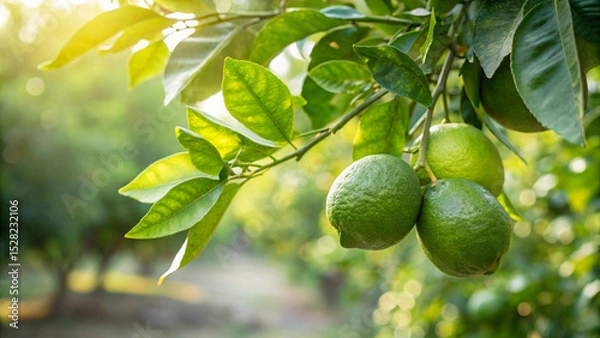 Fototapeta Green Lemon hanging on tree in garden, Green lemons tree in natural warm sunlight background