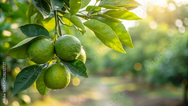 Fototapeta Green Lemon tree in garden, Green lemon hanging from a tree branch in natural warm sunlight background