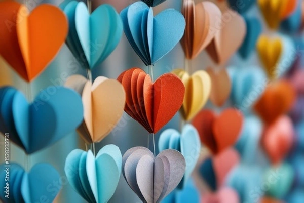 Obraz Colorful folded paper hearts hanging on strings, creating a festive and romantic atmosphere