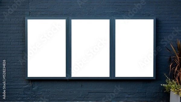 Fototapeta Blank Triptych Mockup on Dark Brick Wall