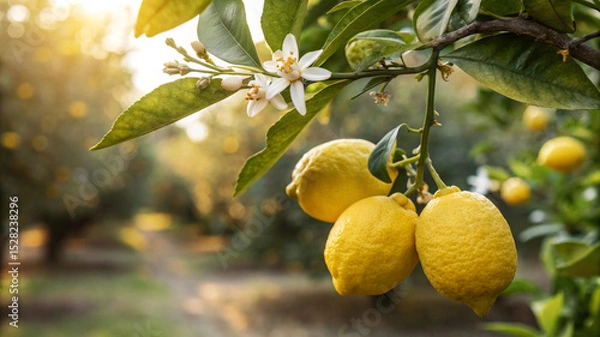 Fototapeta Lemon hanging tree with flower in garden, Lemons on tree branch in natural warm sunlight background