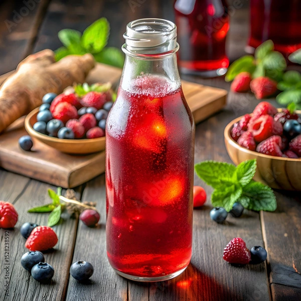 Obraz Refreshing berry infused iced drink in a bottle.