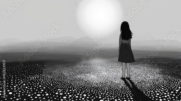 Obraz A solitary figure stands on a textured landscape.