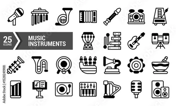 Fototapeta A Set of 25 Lineal Music Instrument Icons.