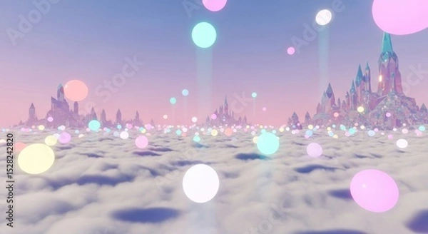Obraz A pastel landscape with floating orbs above clouds and distant crystal castle structures in the background