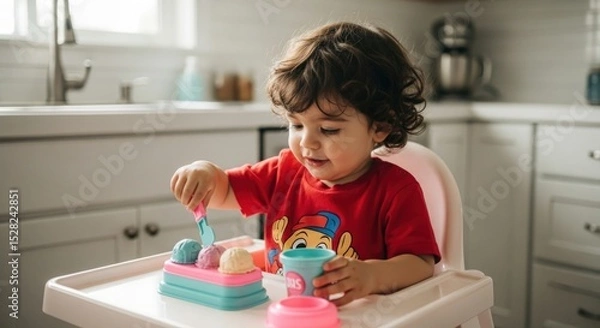 Obraz A toddler playing with a toy ice cream set in a high chair in a bright kitchen setting at daytime