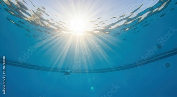Obraz A view from underwater looking up at the sun shining through the surface of the clear blue water