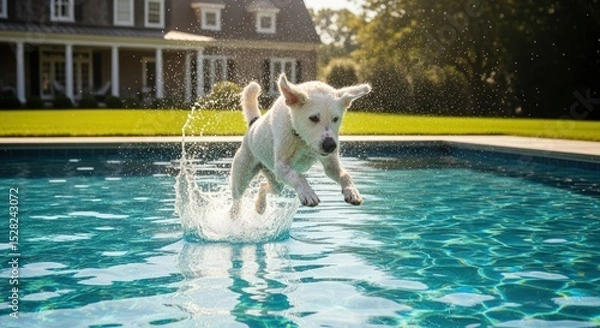 Obraz White dog leaping into a bright blue swimming pool with a house and green lawn in the background