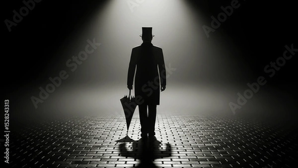 Fototapeta Silhouette of Mysterious Man in Top Hat Holding Umbrella on Cobblestone Street