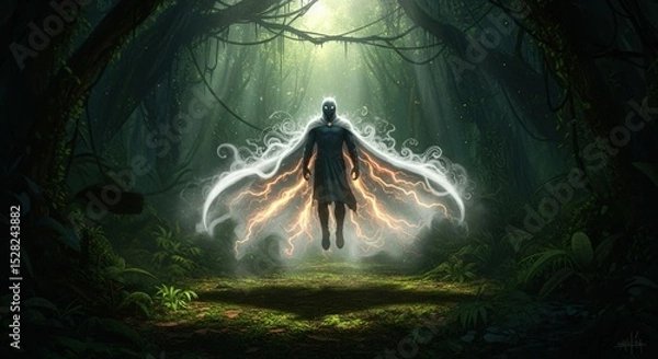 Obraz A figure in a dark cloak surrounded by glowing energy floats in a forest clearing under bright light