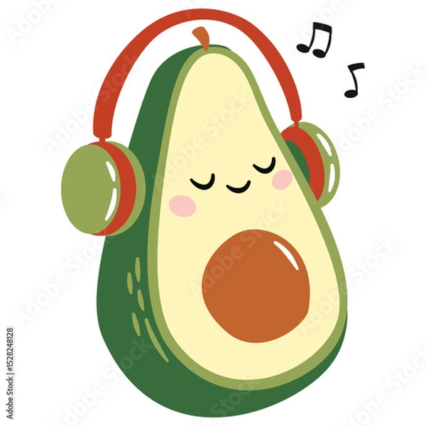 Obraz Flat vector illustration in a simple childish style. Cute avocado with a face listening to music in headphones. Vector illustration