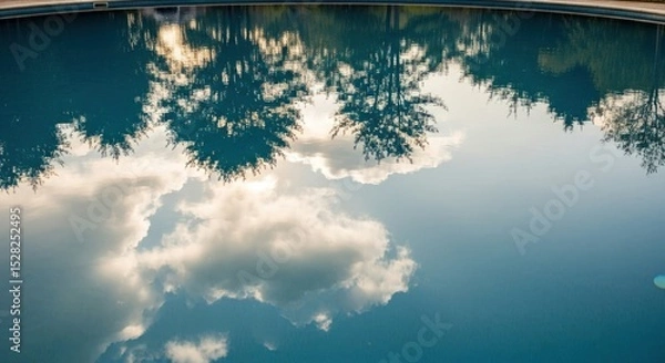 Obraz Reflection of trees and clouds in a swimming pool on a sunny day creating a serene and peaceful scene