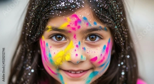 Obraz A young girl with paint on her face and glitter in her hair smiling at the camera in a close up shot