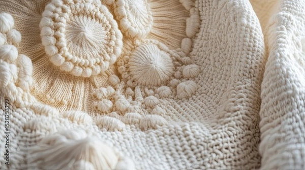 Fototapeta Close-up of textured cream-colored knitted fabric with intricate patterns
