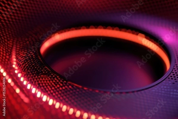 Fototapeta Futuristic complex circle mesh with LED lights showcasing advanced technology, Complex circle mesh with LEDs Futuristic technology design Seamless 3D render